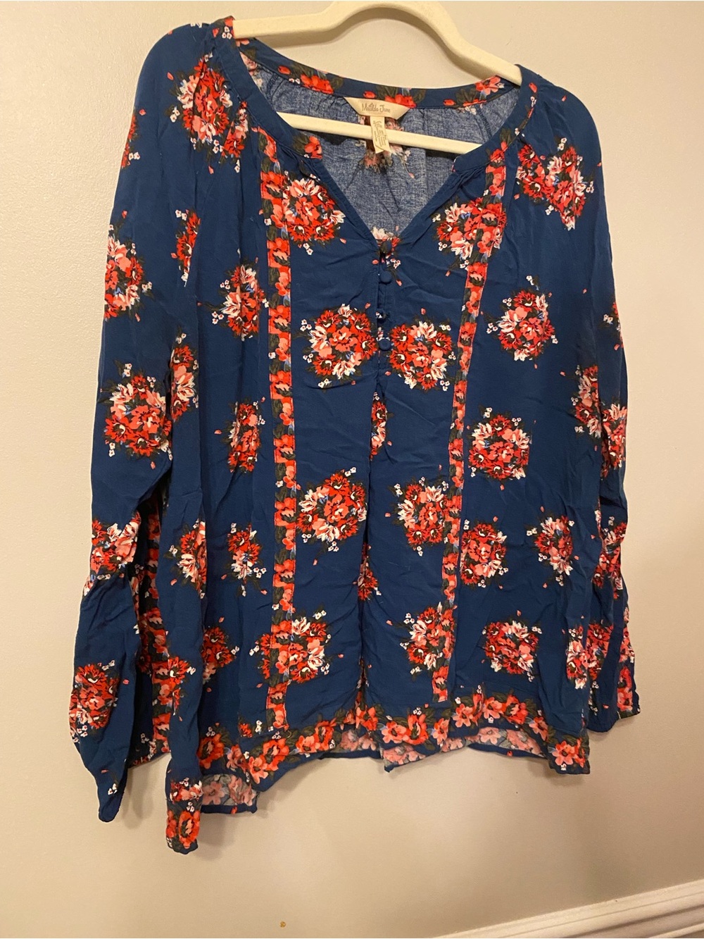 Matilda Jane Blue Floral Button-Front Tunic with Red Accents